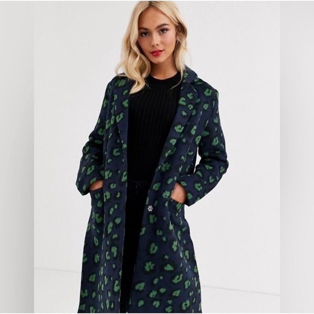 ASOS Brave Soul Leopard Print Coat Blue Green Statement Jacket Small